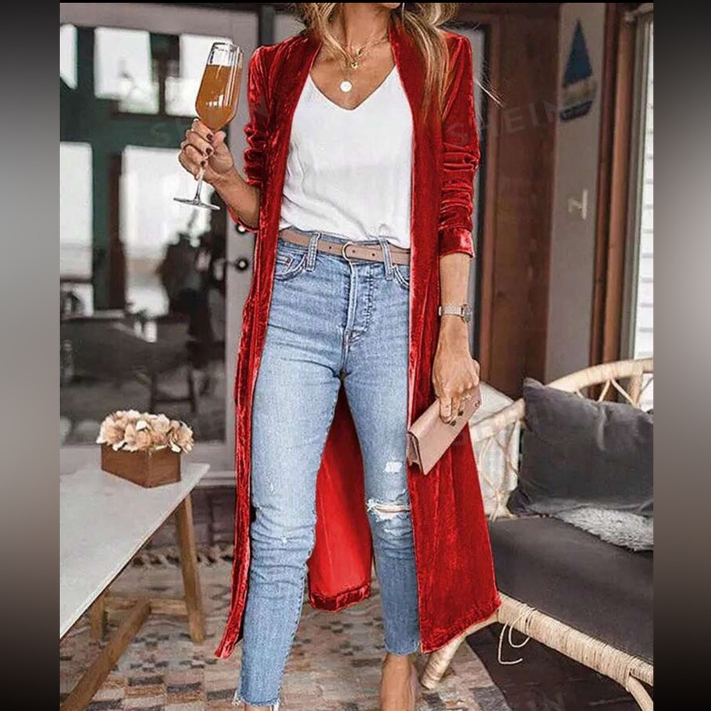 SHEIN~A-stylish Solid Long Sleeve Long Cardigan with Pockets-Red